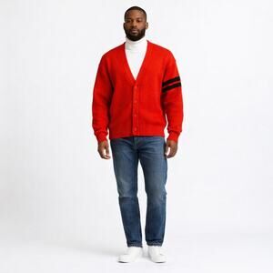 Vintage 90s Lands End Red Wool Blend Varsity Preppy Cardigan Mens Size Medium